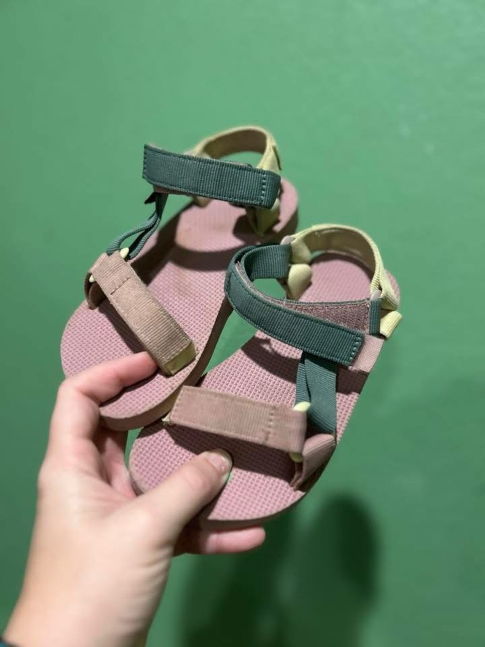 Teva Kids Pink Footbed Sandals with Green and Tan Straps